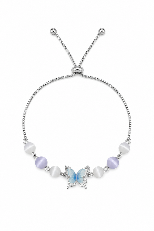 Silver Rhodium Plated Butterfly Cat Eye Bead Adjustable Bracelet 1