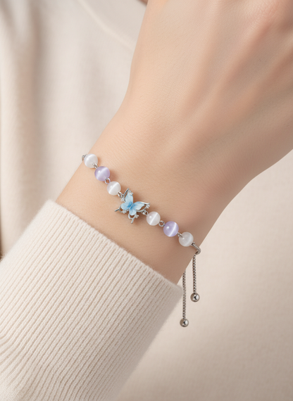 Silver Rhodium Plated Butterfly Cat Eye Bead Adjustable Bracelet 3