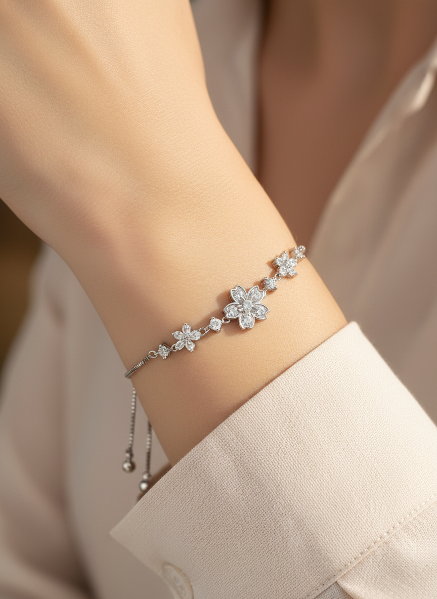Silver Rhodium Plated Floral Sliding Bracelet 3
