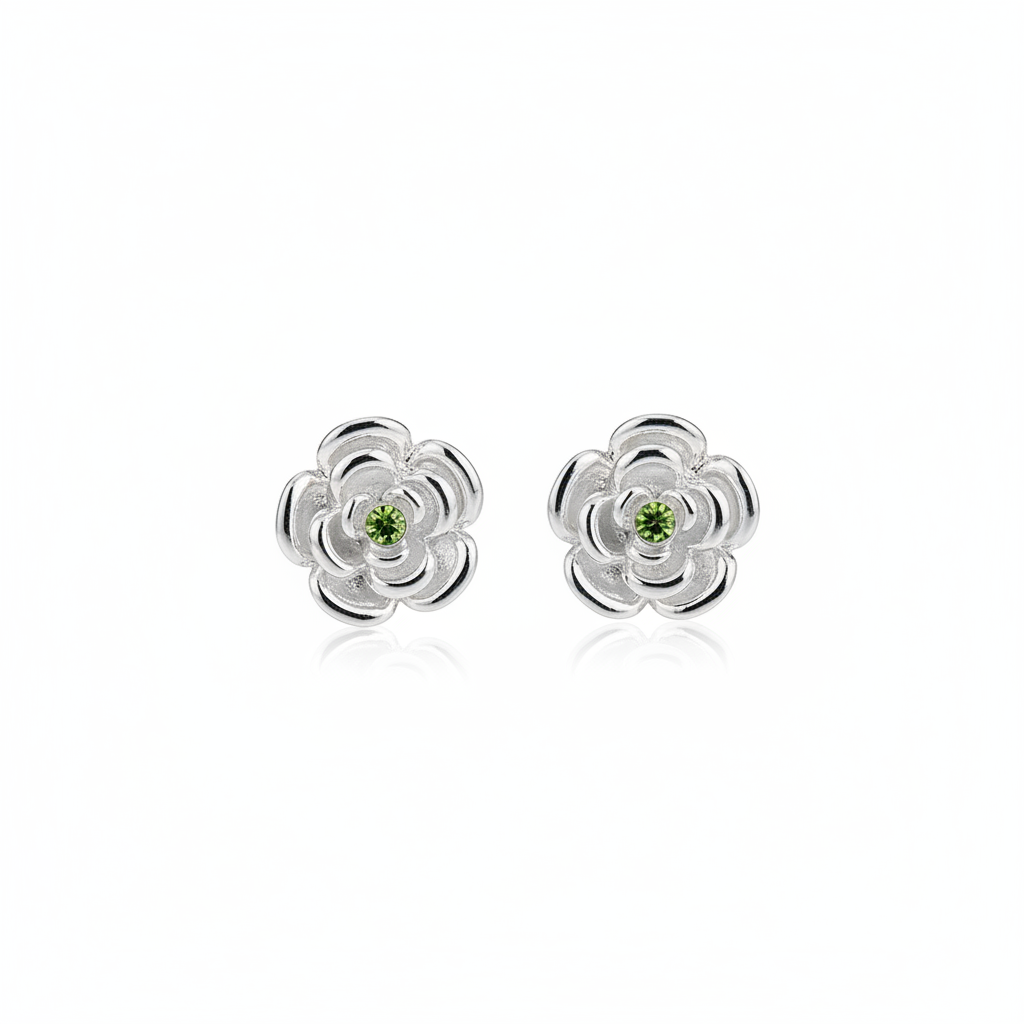 Silver Flower With Green Stone Rhodium Plated with Sterling Silver Posts Earring 1
