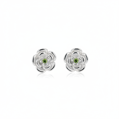 Silver Flower With Green Stone Rhodium Plated with Sterling Silver Posts Earring 1