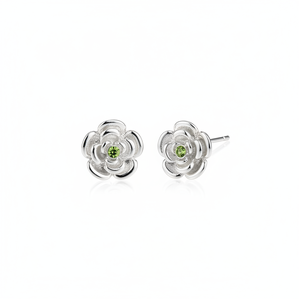 Silver Flower With Green Stone Rhodium Plated with Sterling Silver Posts Earring 2