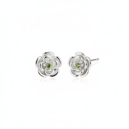 Silver Flower With Green Stone Rhodium Plated with Sterling Silver Posts Earring 2