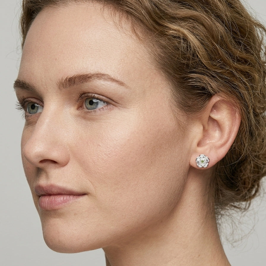 Silver Flower With Green Stone Rhodium Plated with Sterling Silver Posts Earring 4