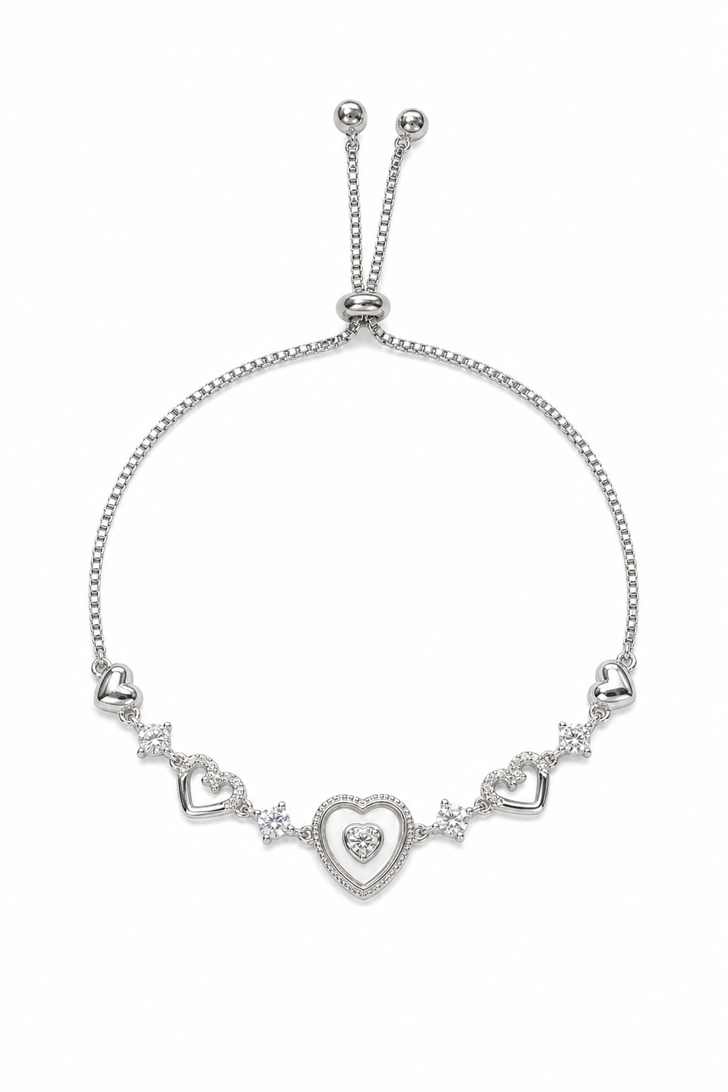 Silver Rhodium Plated Hollow Heart Sliding Ball Bracelet 1