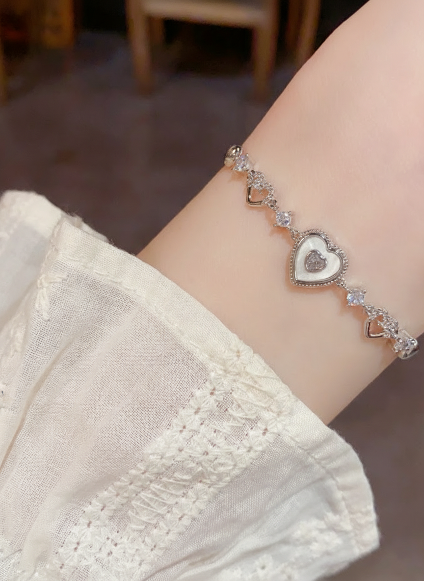 Silver Rhodium Plated Hollow Heart Sliding Ball Bracelet 2
