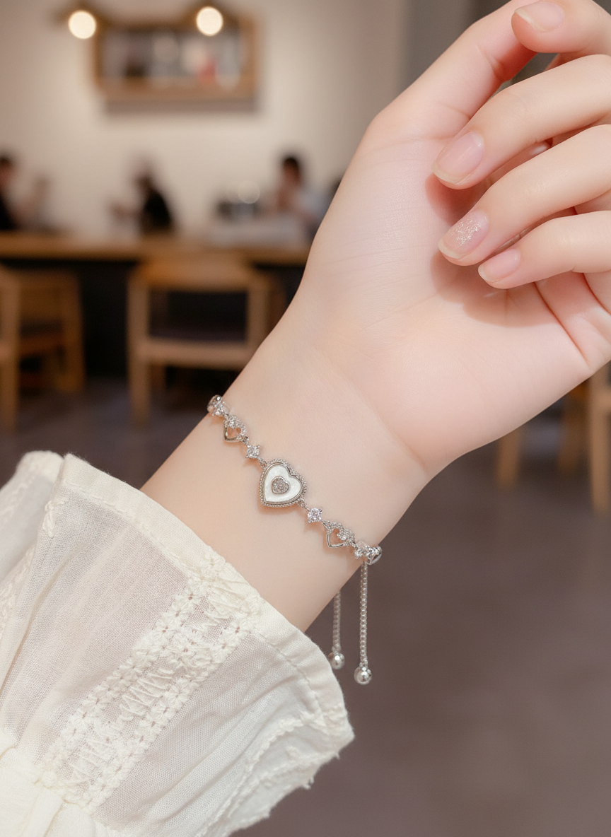 Silver Rhodium Plated Hollow Heart Sliding Ball Bracelet 3