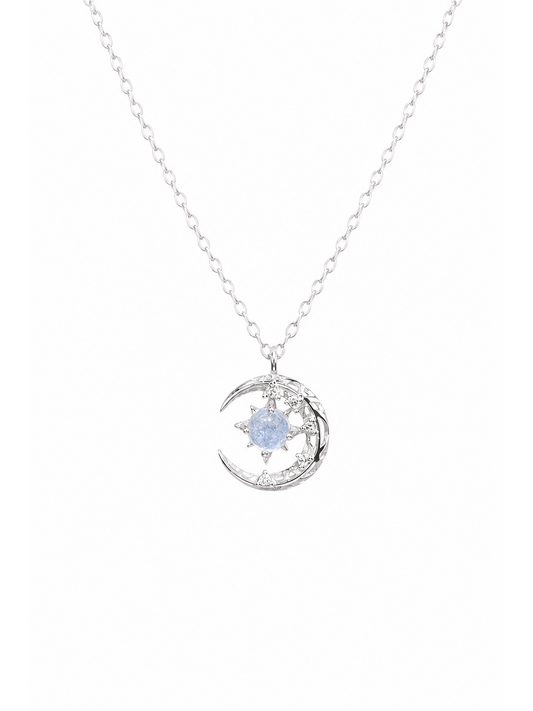Sterling Silver Moon & Blue Zircon Necklace 1