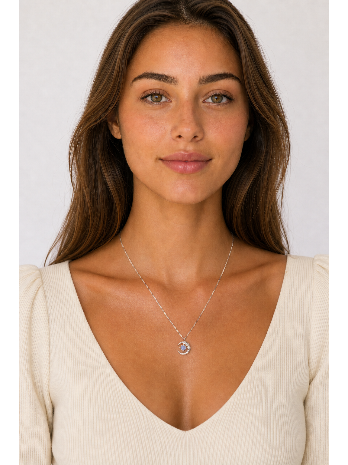 Sterling Silver Moon & Blue Zircon Necklace 2