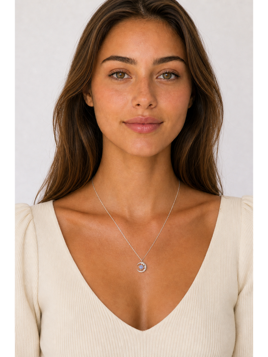 Sterling Silver Moon & Blue Zircon Necklace 2
