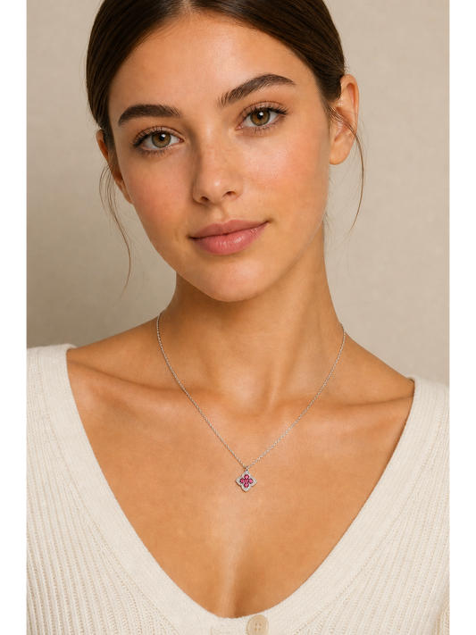 Sterling Silver Pink Zircon Floral Pendant Necklace 2