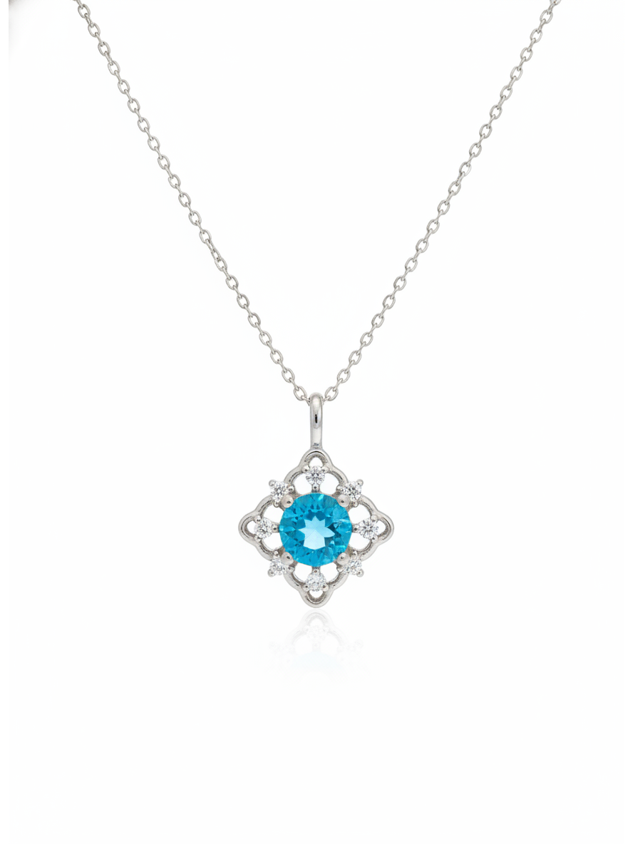 Sterling Silver Rhodium Plated Necklace with Blue CZ Pendant 1