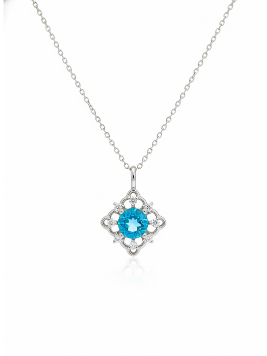 Sterling Silver Rhodium Plated Necklace with Blue CZ Pendant 1