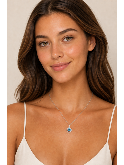Sterling Silver Rhodium Plated Necklace with Blue CZ Pendant 2