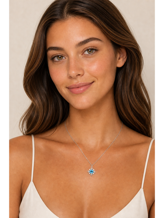 Sterling Silver Rhodium Plated Necklace with Blue CZ Pendant 2