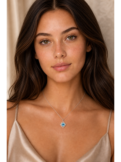 Sterling Silver Rhodium Plated Necklace with Blue CZ Pendant 3