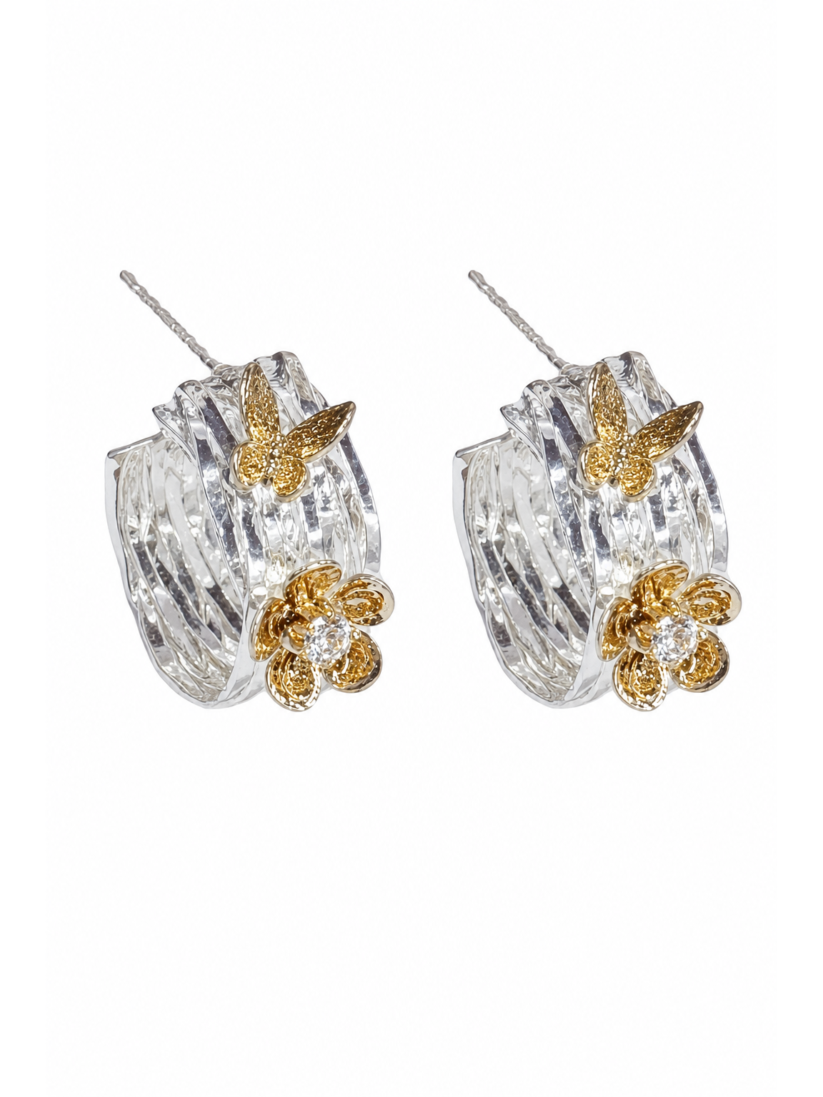 Two-tone Floral Hoop Rhodium with Sterling Silver Posts Earring 1