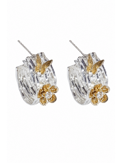Two-tone Floral Hoop Rhodium with Sterling Silver Posts Earring 1