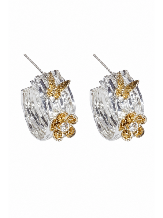 Two-tone Floral Hoop Rhodium with Sterling Silver Posts Earring 1