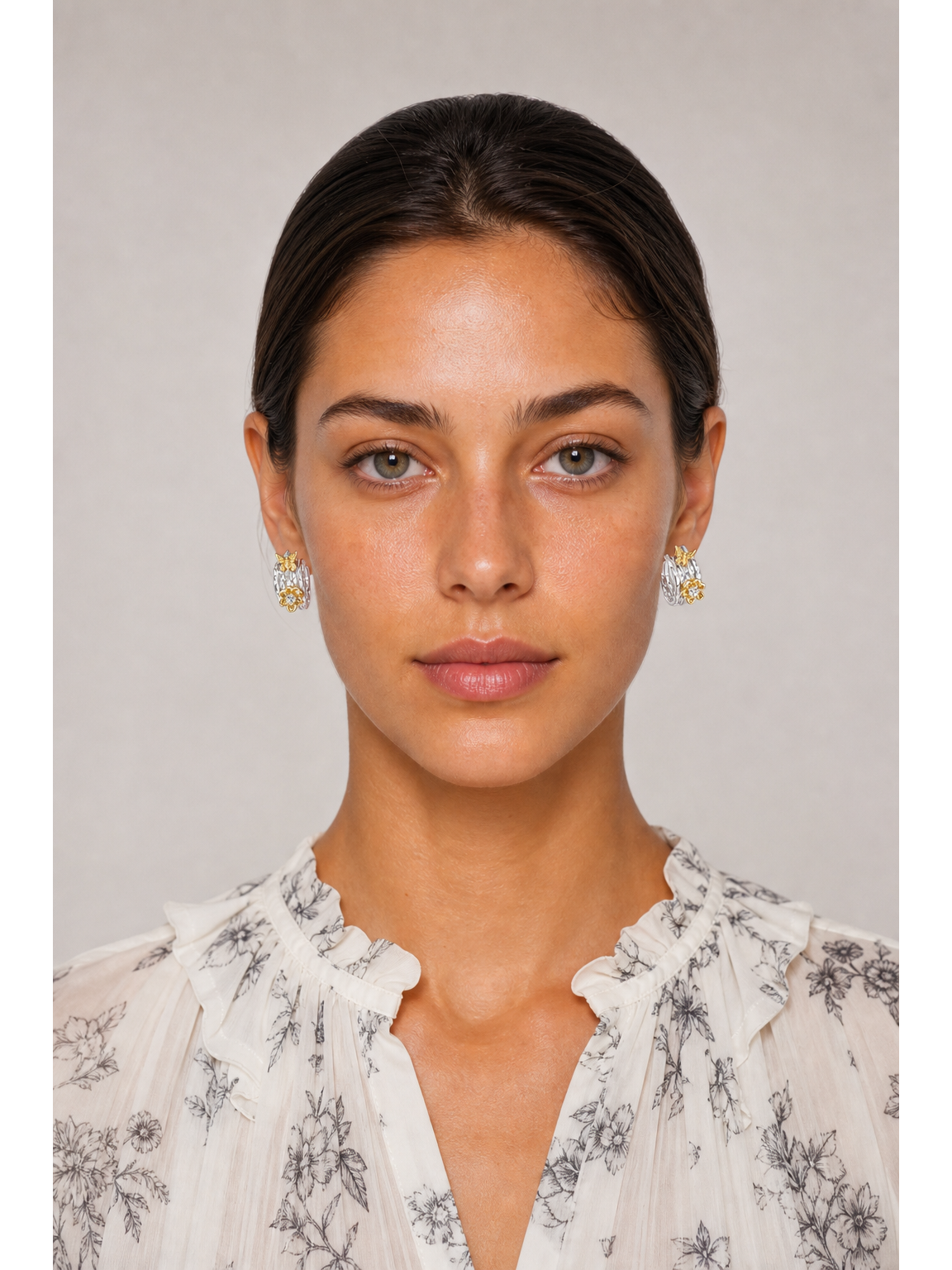 Two-tone Floral Hoop Rhodium with Sterling Silver Posts Earring 2
