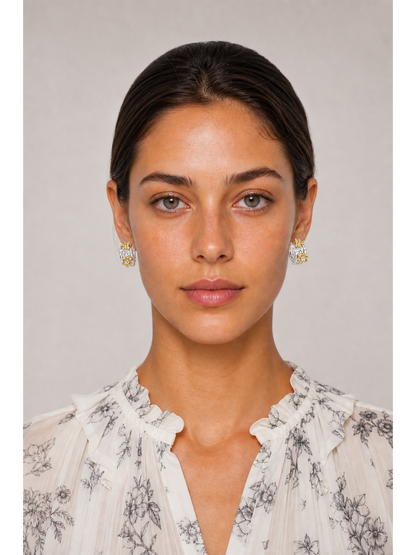 Two-tone Floral Hoop Rhodium with Sterling Silver Posts Earring 2