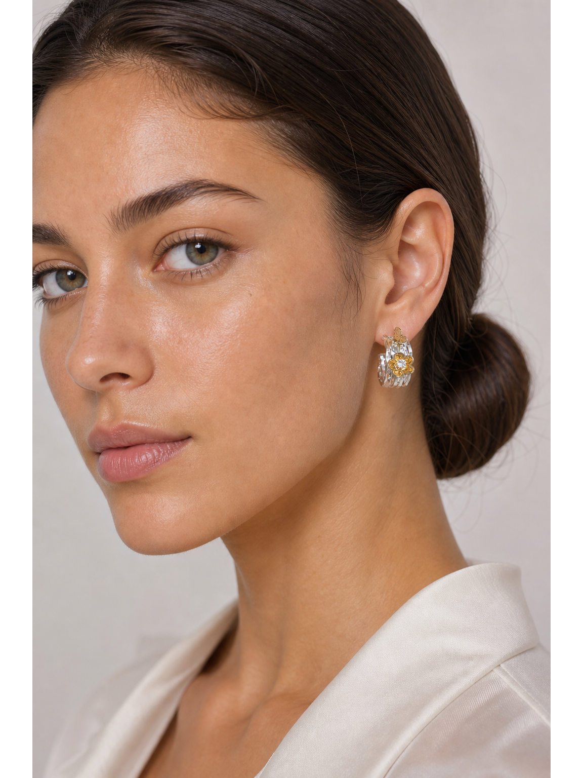 Two-tone Floral Hoop Rhodium with Sterling Silver Posts Earring 3