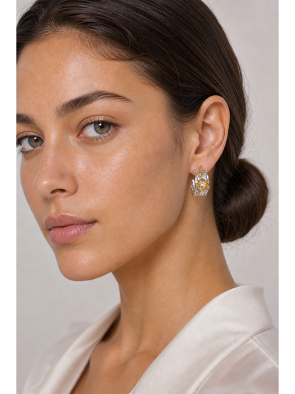 Two-tone Floral Hoop Rhodium with Sterling Silver Posts Earring 3