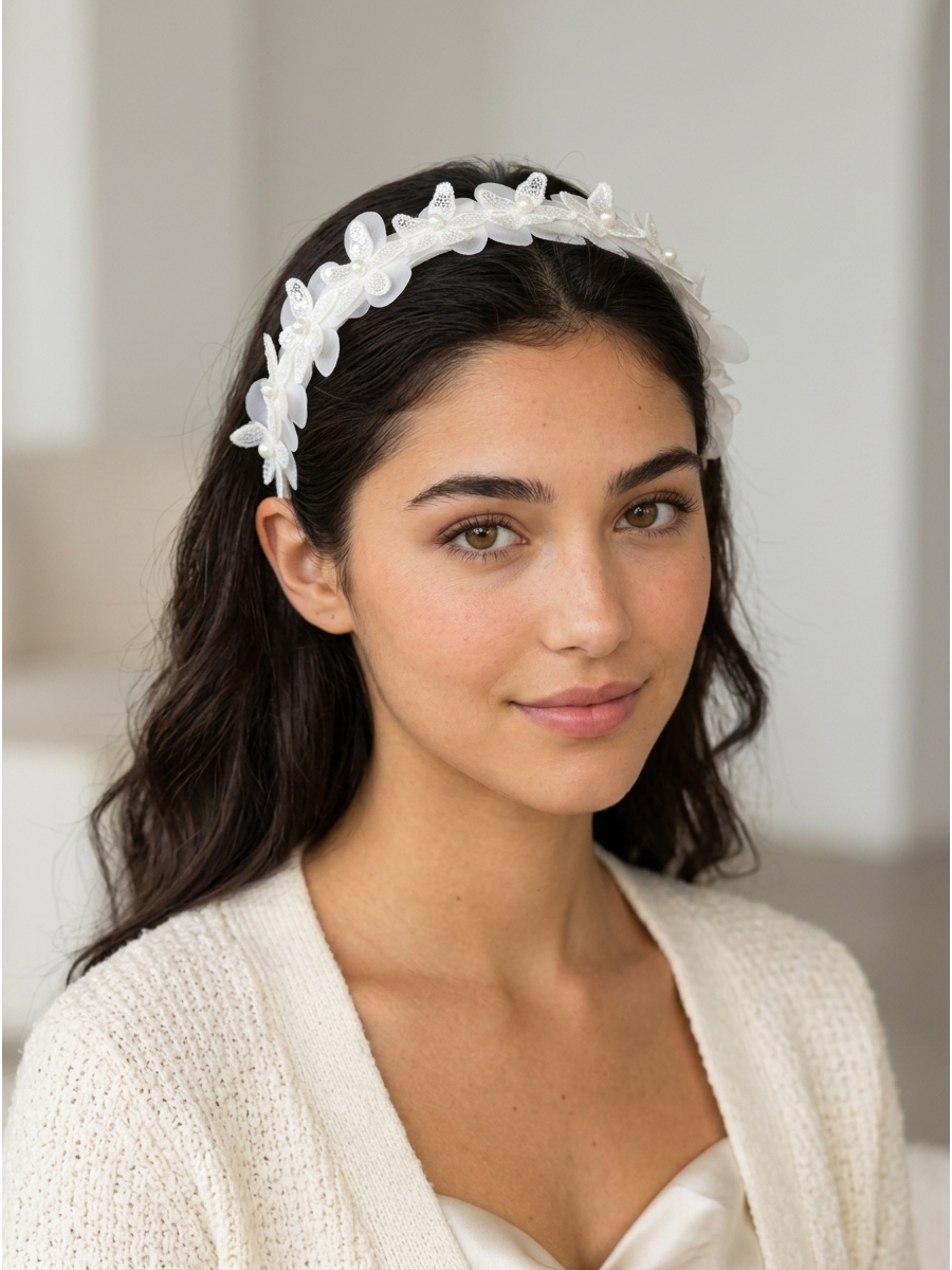 White Floral Pearl Headband 2