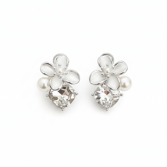 White Flower With Zircon And Pearl Rhodium Plated with Sterling Silver Posts Earring 1