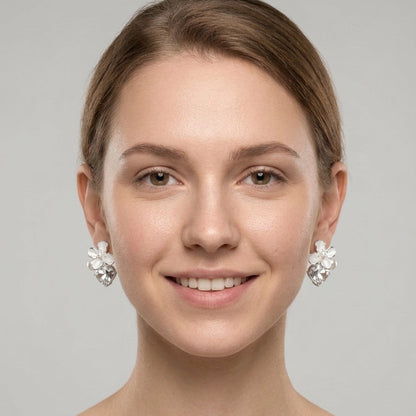 White Flower With Zircon And Pearl Rhodium Plated with Sterling Silver Posts Earring 2
