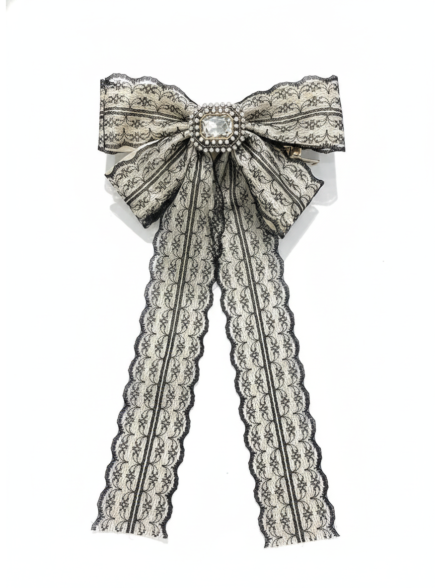 White Lace Bow Hair Clip with Long Ribbon Tails 1