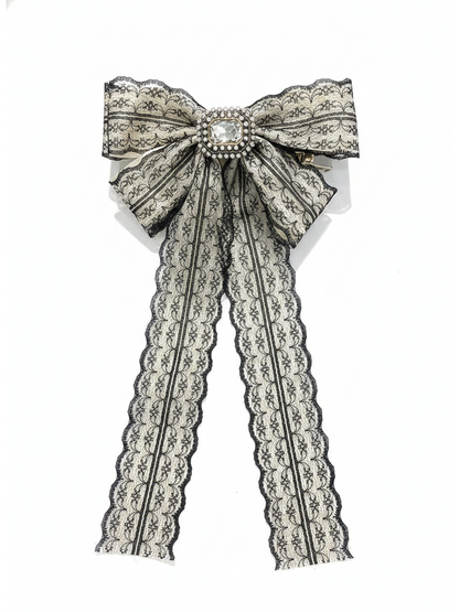 White Lace Bow Hair Clip with Long Ribbon Tails 1