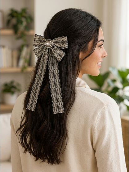 White Lace Bow Hair Clip with Long Ribbon Tails 2