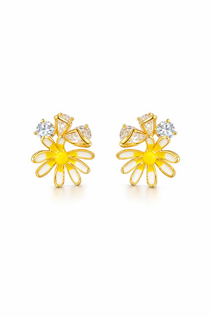 Yellow Daisy Cubic Zirconia Plated Rhodium with Sterling Silver Posts Earring 1