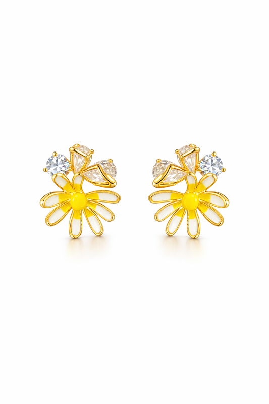 Yellow Daisy Cubic Zirconia Plated Rhodium with Sterling Silver Posts Earring 1