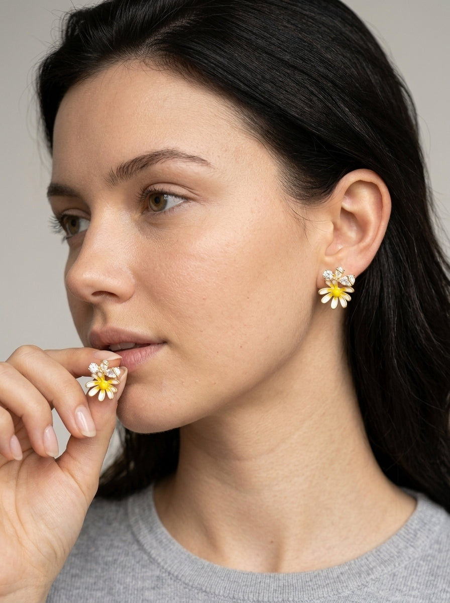 Yellow Daisy Cubic Zirconia Plated Rhodium with Sterling Silver Posts Earring 3