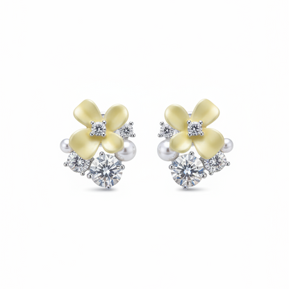 Yellow Floral With Zircon Accents Rhodium Plated with Sterling Silver Posts Earring 1