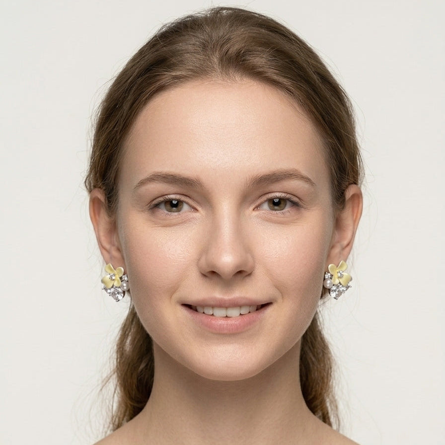 Yellow Floral With Zircon Accents Rhodium Plated with Sterling Silver Posts Earring 2