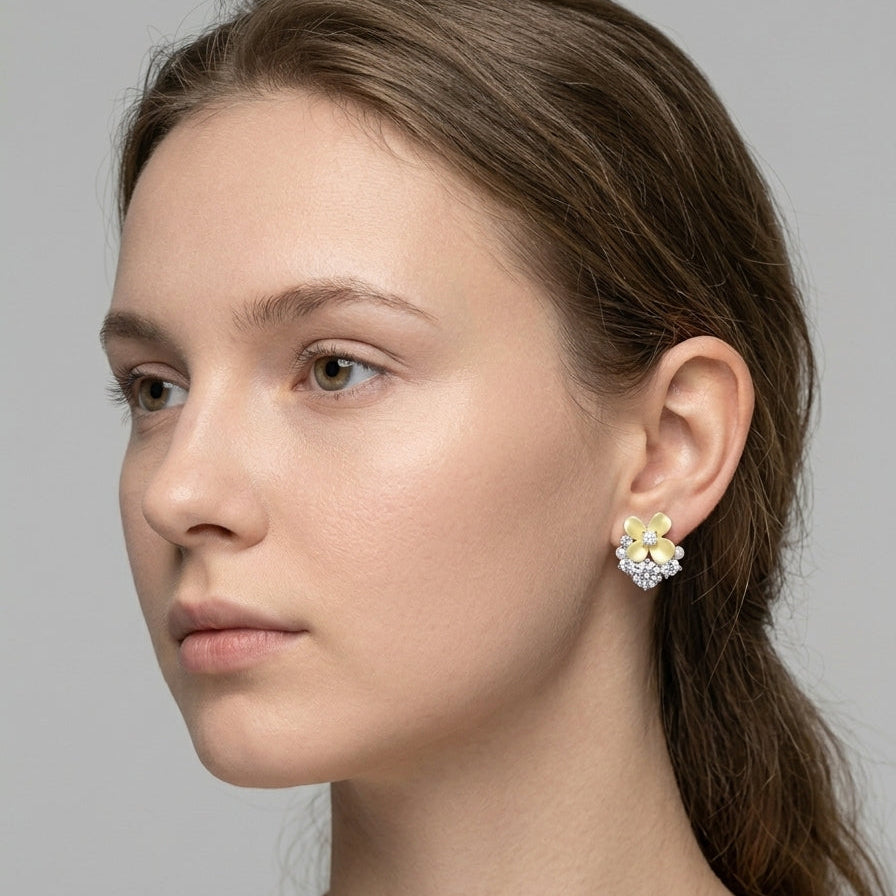Yellow Floral With Zircon Accents Rhodium Plated with Sterling Silver Posts Earring 3