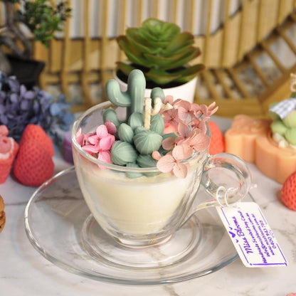 Succulent Tea Cup Soy Candle by Miss Blooms — handmade in Canberra with wax cactus, succulent and floral garden on white soy wax base