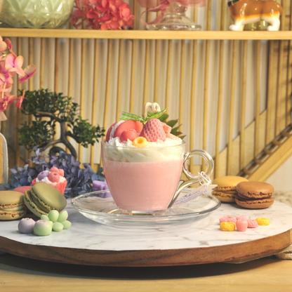 Top view of Miss Blooms Sweet Treats Tea Cup Candle showing colourful wax dessert toppings