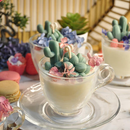 Miss Blooms Succulent Tea Cup Candles styled in a group — Australian Bush and Lemongrass soy candles with wax cactus decorations handmade in Canberra